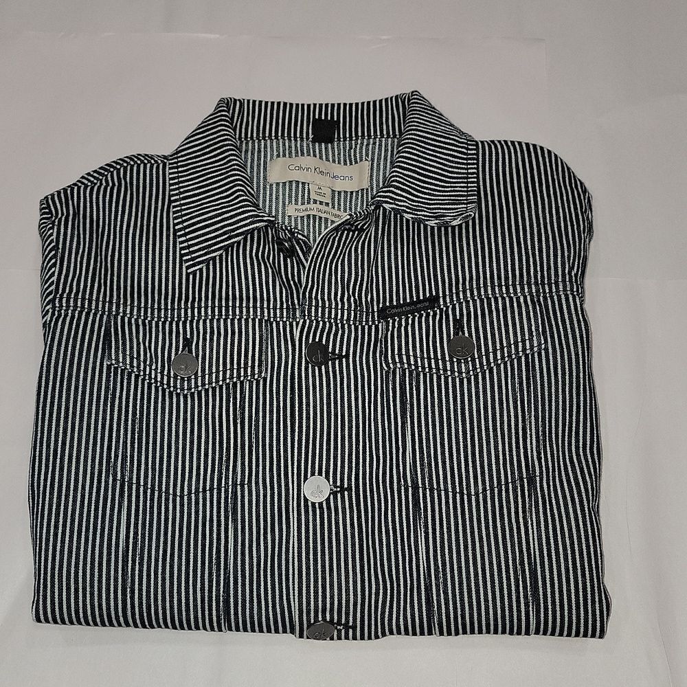 Calvin Klein Clean Line Trucker Teddy Stripe Engineer Denim Jacket NWOT Size M - Picture 10 of 10